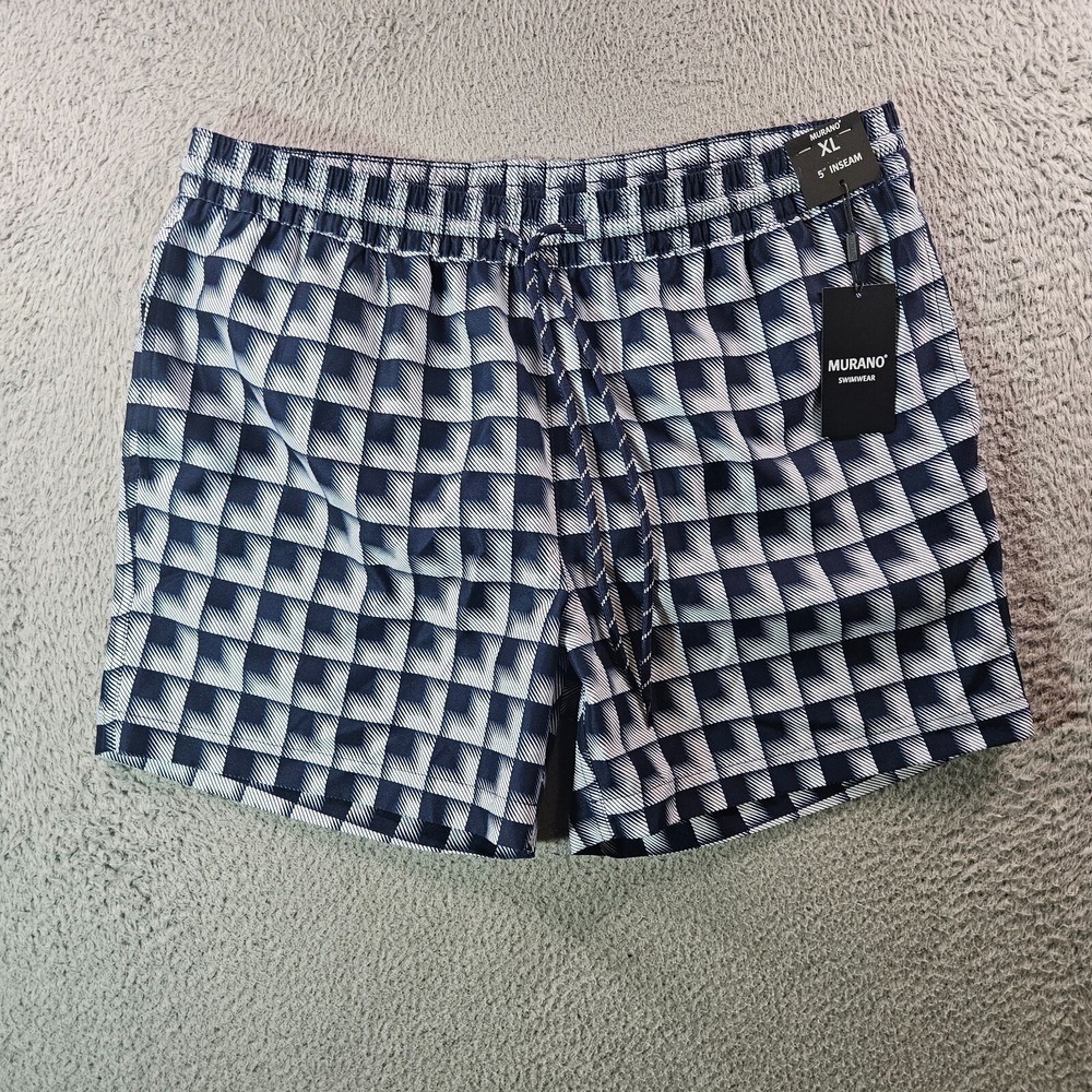 NWT Murano Swim Shorts Trunks Men XL 5" Inseam Lined Geometric‎ White Navy Blue